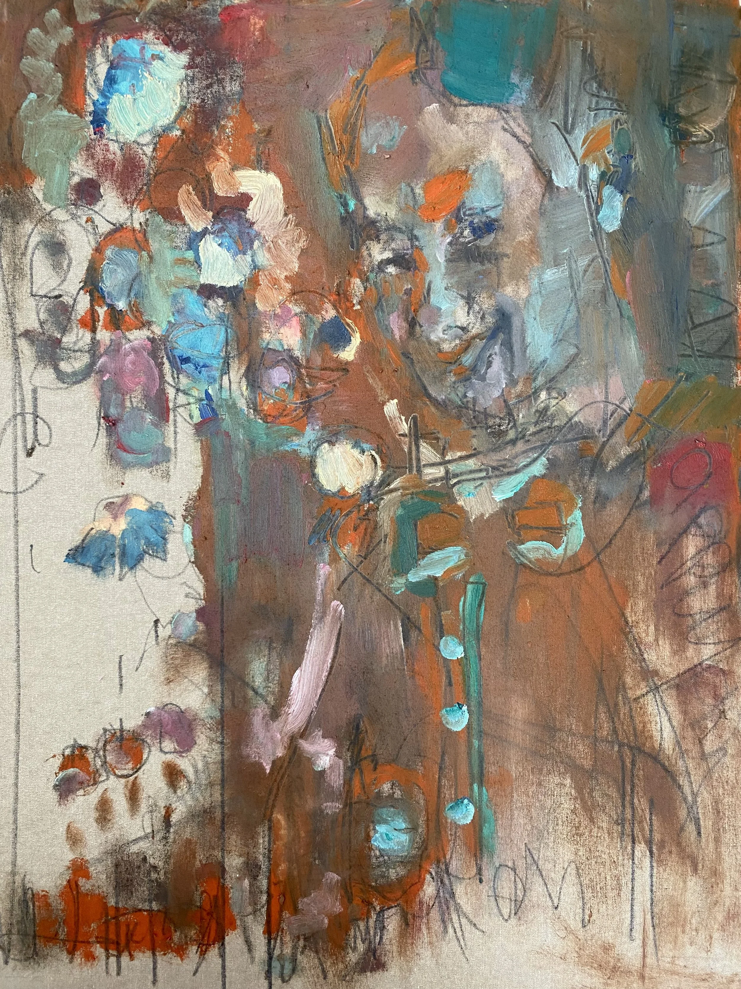 Manuela Hübner, Harlequin with Flowers. oil and graphite on canvas. 45x55 cm. 2025