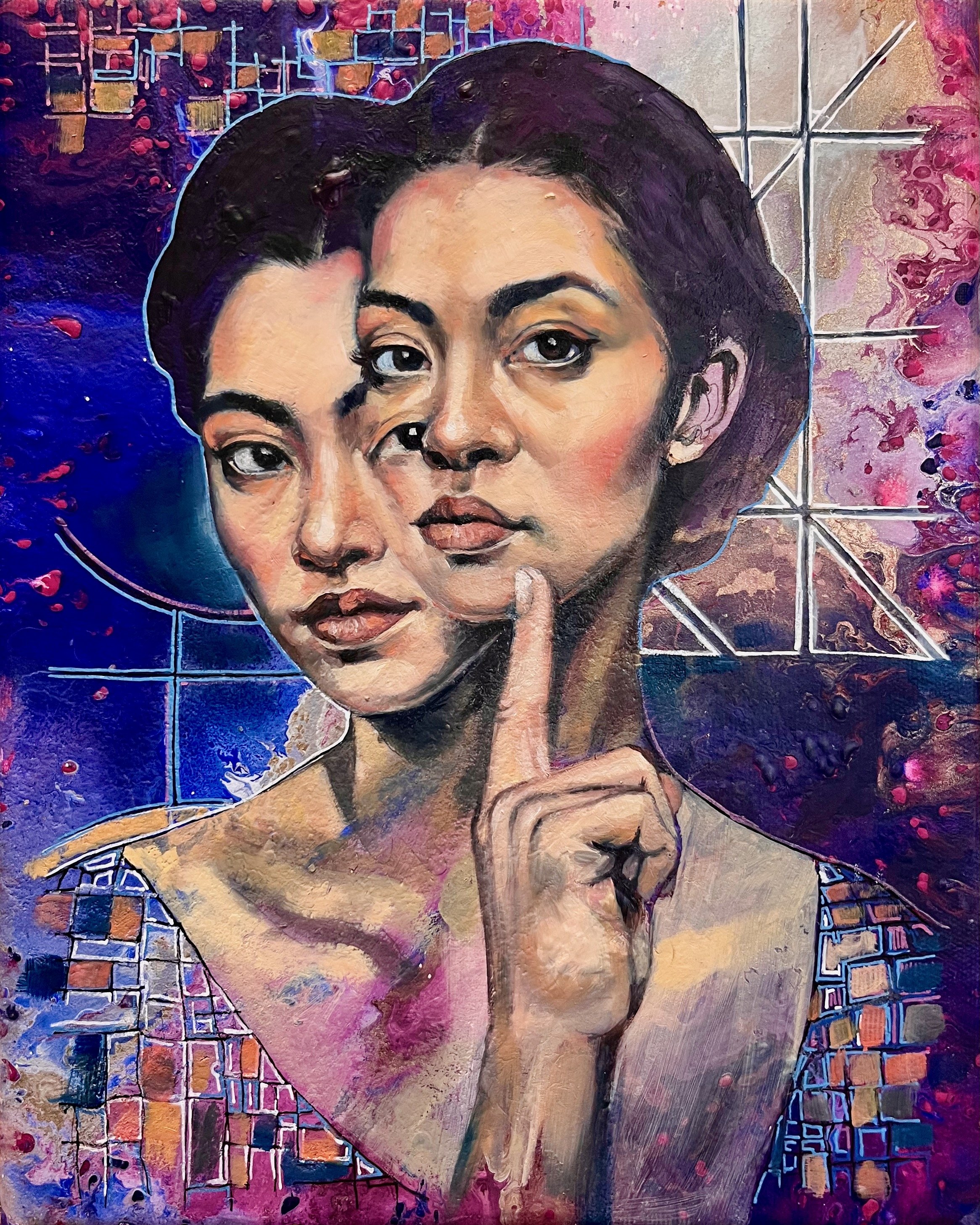 Nadia Valeska, AI Topia (Don't Say A Word), mixed media on canvas, 30x24 cm, 2025