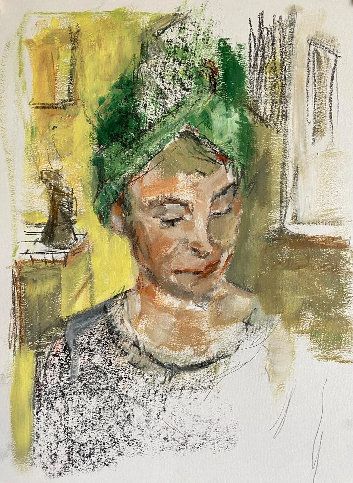 Woman in a kitchen, Acrylics and graphite on paper, 42x56 cm, 2026