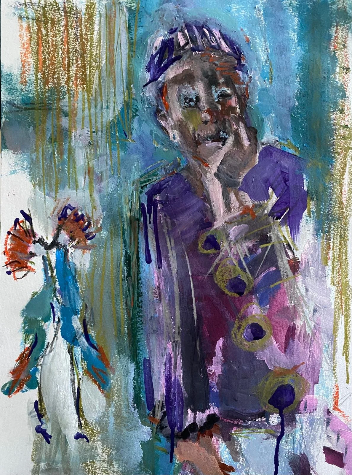 Pierrot with two kissing cranes, Acrylics, wax crayon and graphite on paper, 42x56 cm, 2026