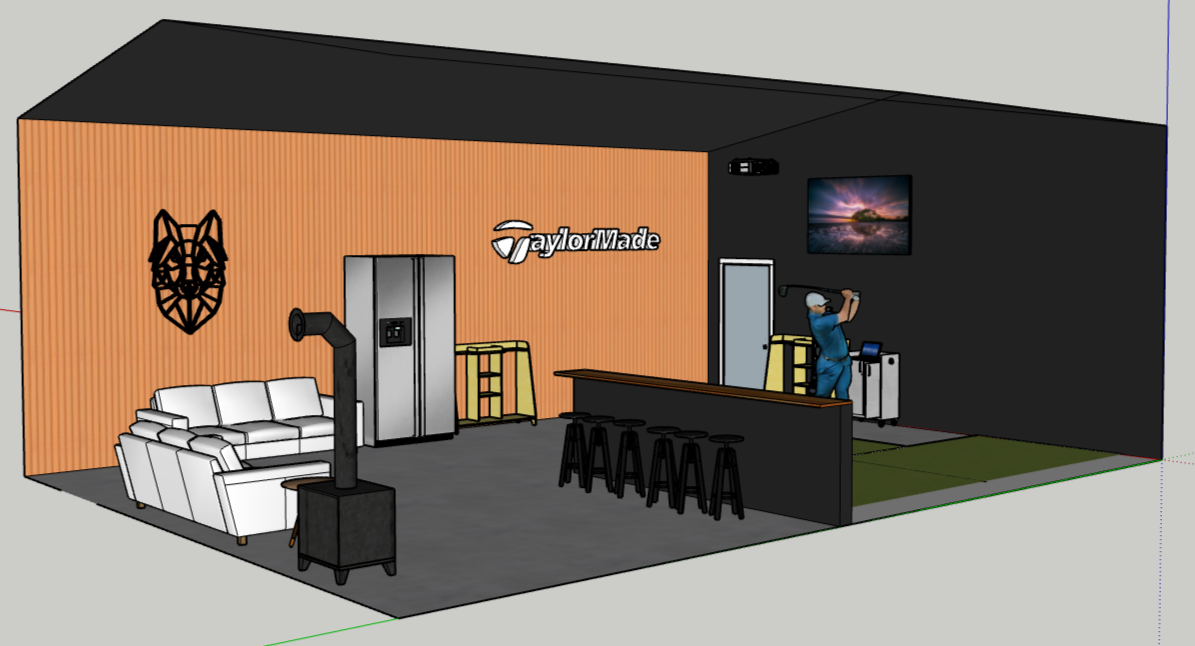 An interior room with a white couch, a wood wall with a wolf face mural, a TaylorMade sign, a bar counter with six black stools, a kitchenette with a refrigerator, a TV on the black wall, and a person in blue golf attire practicing golf swings, with a golf sticker and other equipment.