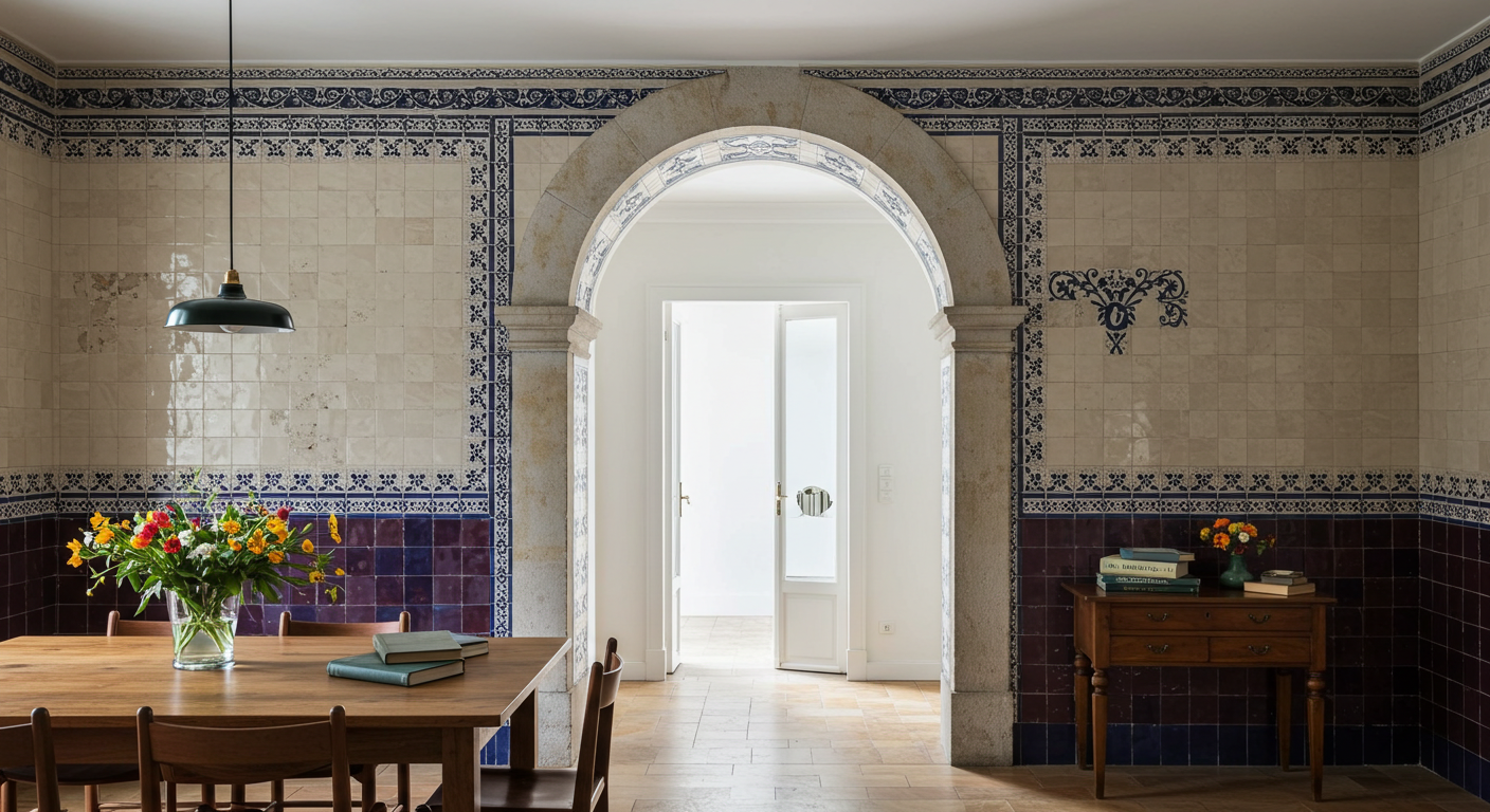 A dining room with a wooden table, chairs, a flower vase, and books. There is a decorative archway leading to a bright doorway.