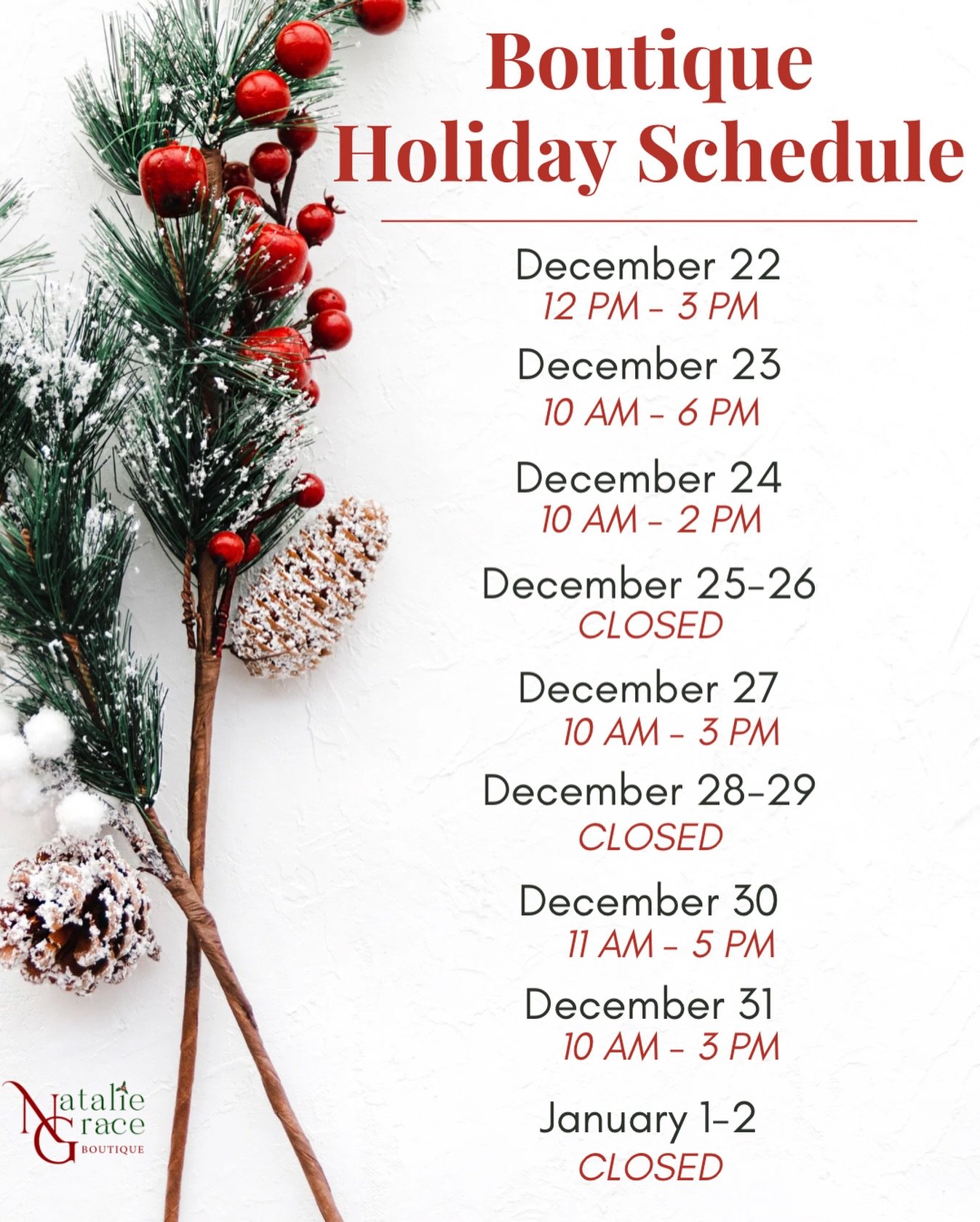 A quick holiday update from Natalie Grace Boutique. ❤️💚🕑

Thank you for supporting our small business this holiday season. We love being part of your celebrations and can&rsquo;t wait to see all your holiday looks. 🎄📸🎊🍾