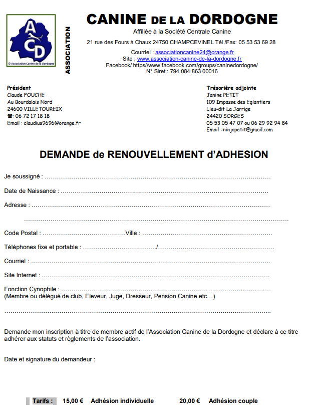 Une lettre de demande de renouvellement d'adhésion à l'Association Canine de la Dordogne, incluant des détails de contact, le logo de l'association, et la tarification.