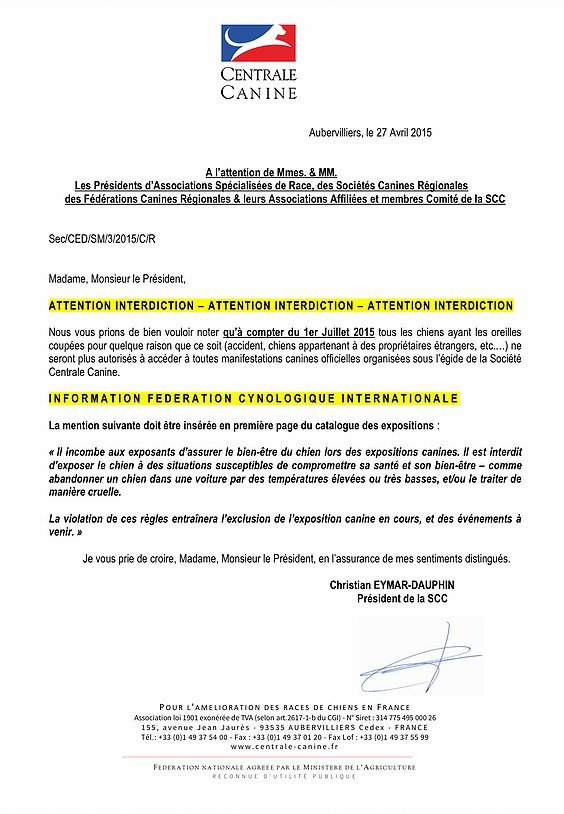 Lettre officielle de la Société Centrale Canine avec en-tête, logo, et texte en français concernant des directives pour les expositions canines.