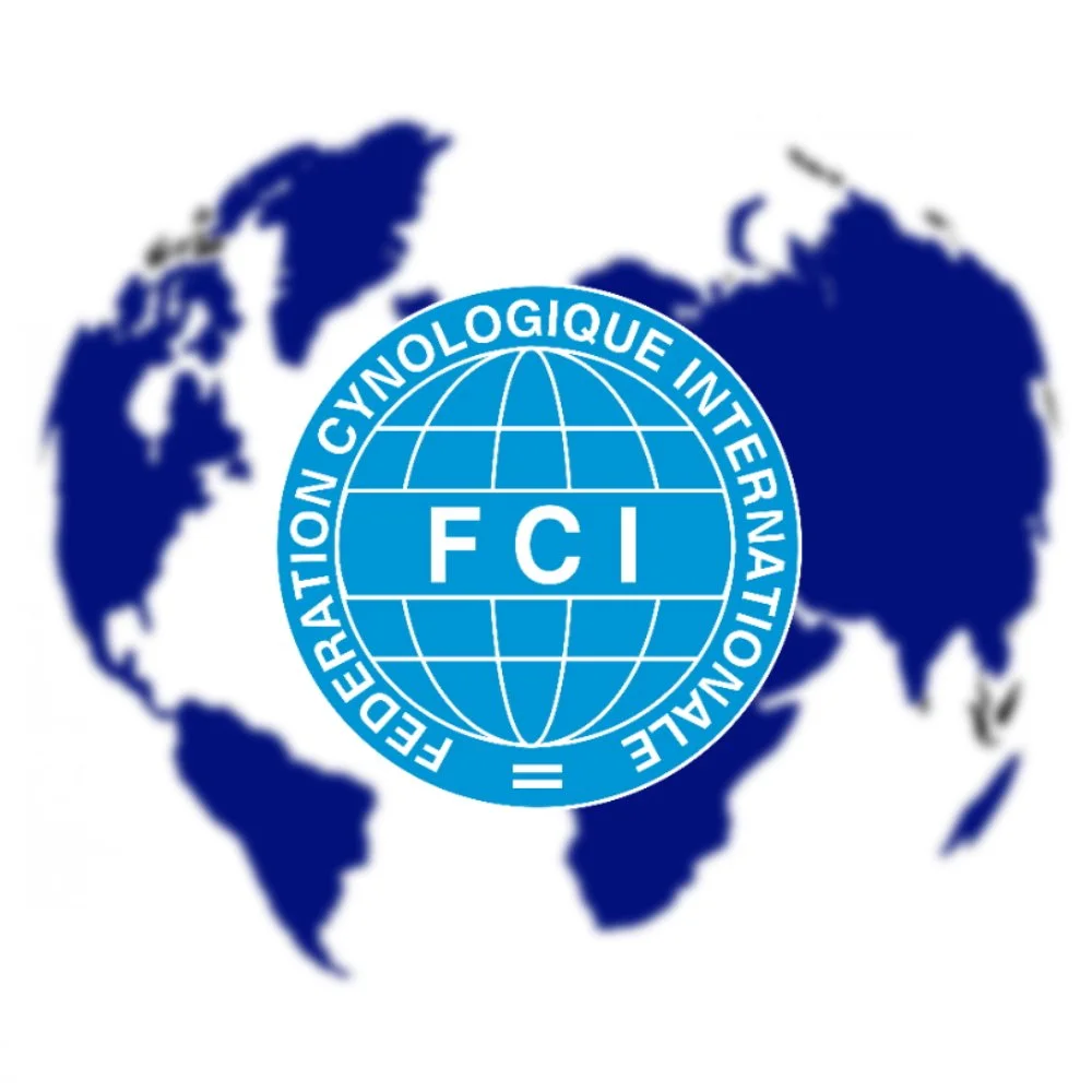 Un logo de la Fédération Cynologique Internationale (FCI) superposé à une carte du monde bleue.