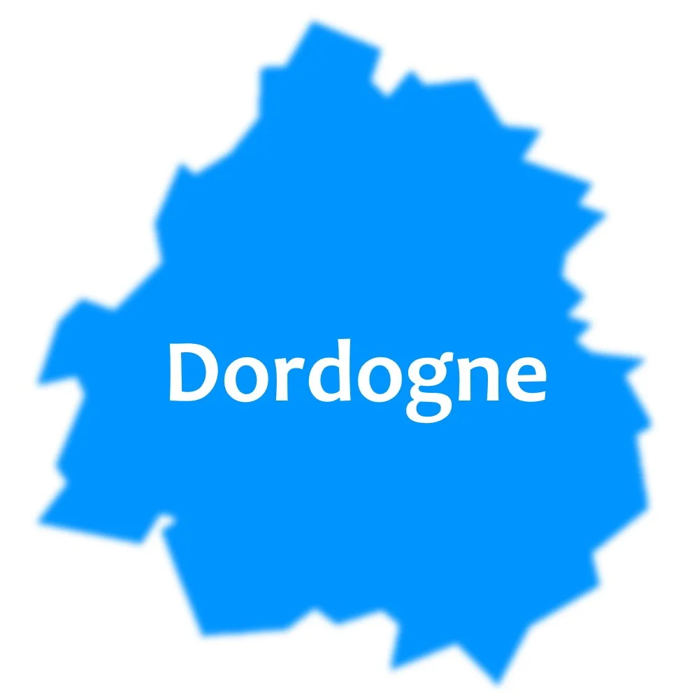 Carte en bleu avec le mot "Dordogne" au centre.