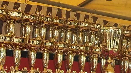 Une rangée de nombreux trophées en or.