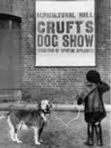 Une jeune fille avec un sac et un chien sur un terrain de sport, affichant une affiche pour le 'Croft's Dog Show'.
