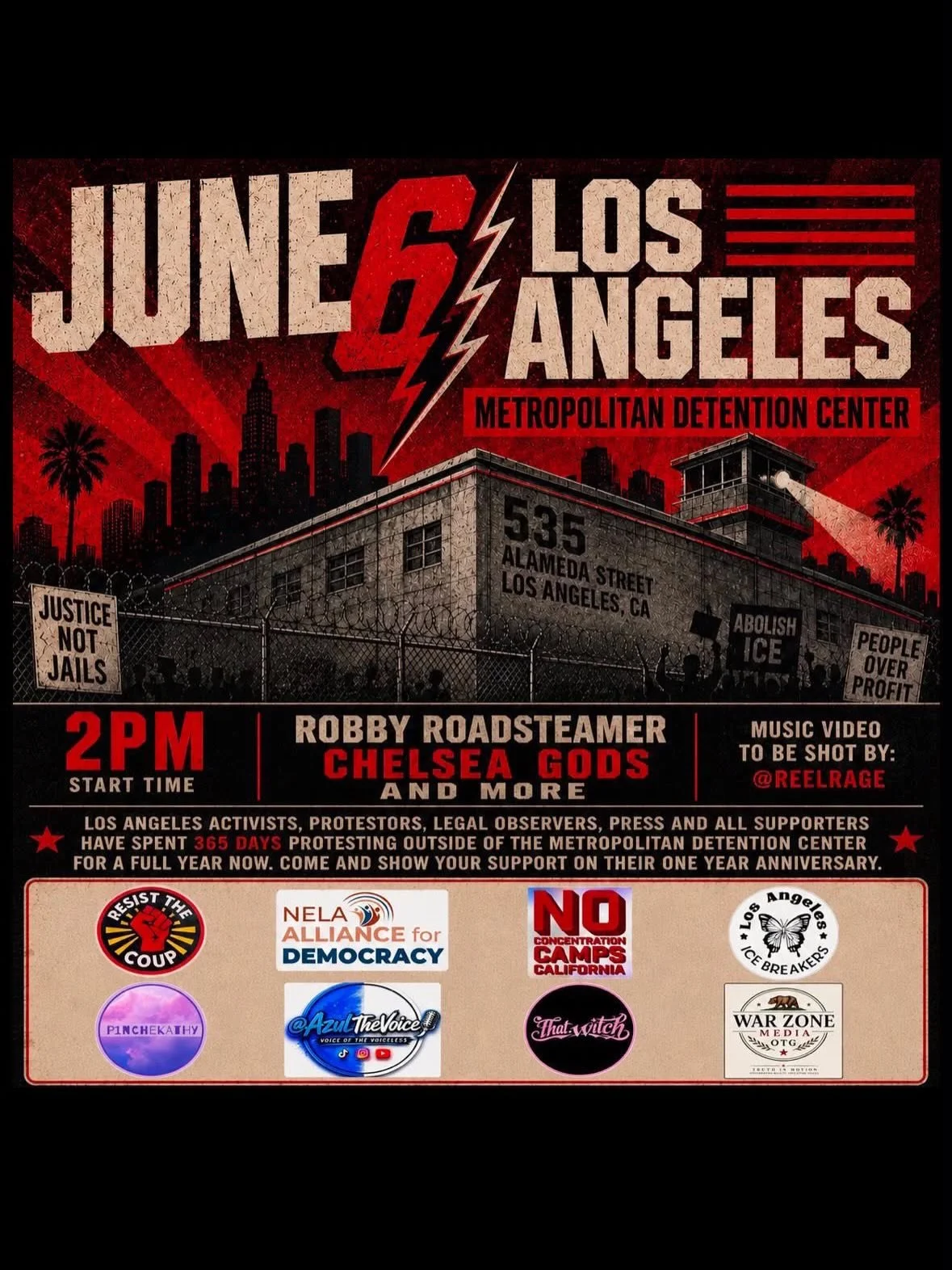 Join us! For the one year anniversary of protesting down at the Metropolitan Detention Center (concentration camp) in Downtown Los Angeles! 

For 365 days brave warriors have put their bodies and lives on the line. 

Every single arrest that was foug