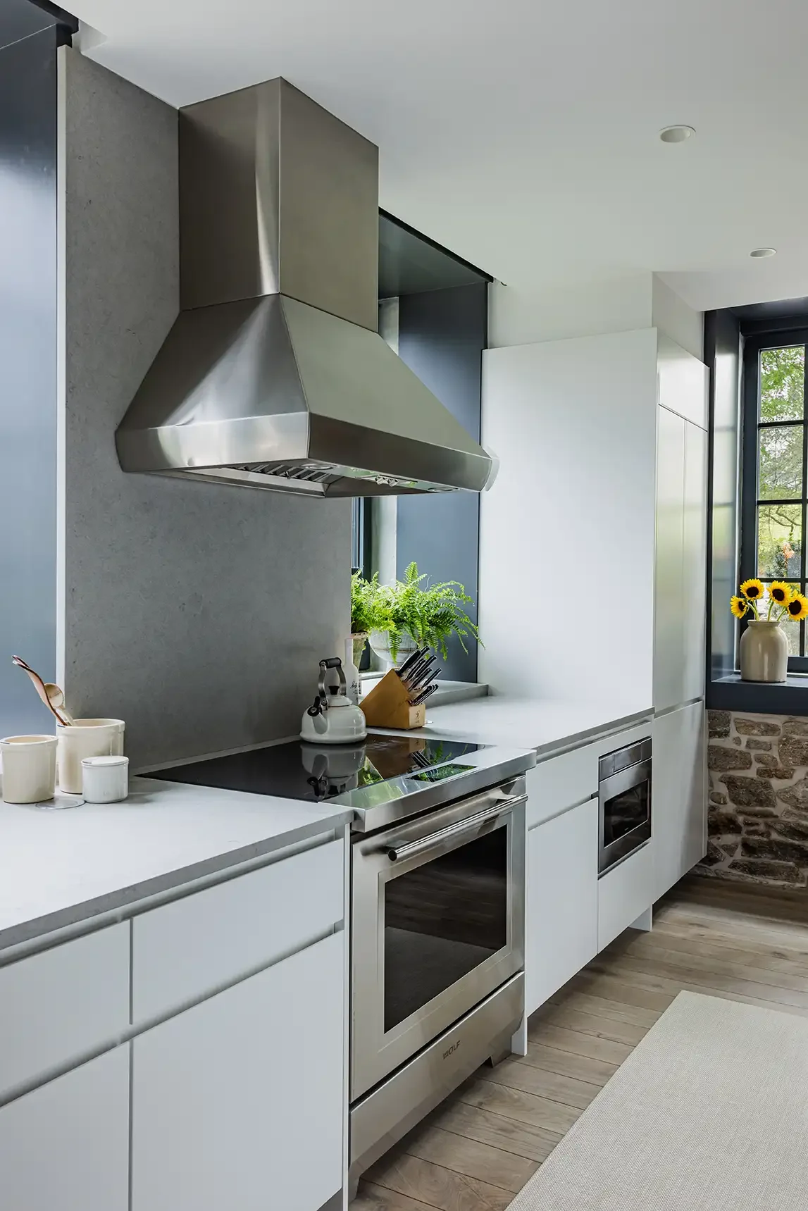 Modern kitchen with stainless steel range hood, white cabinets, black stovetop, potted plants, and a window with a view of greenery outside.