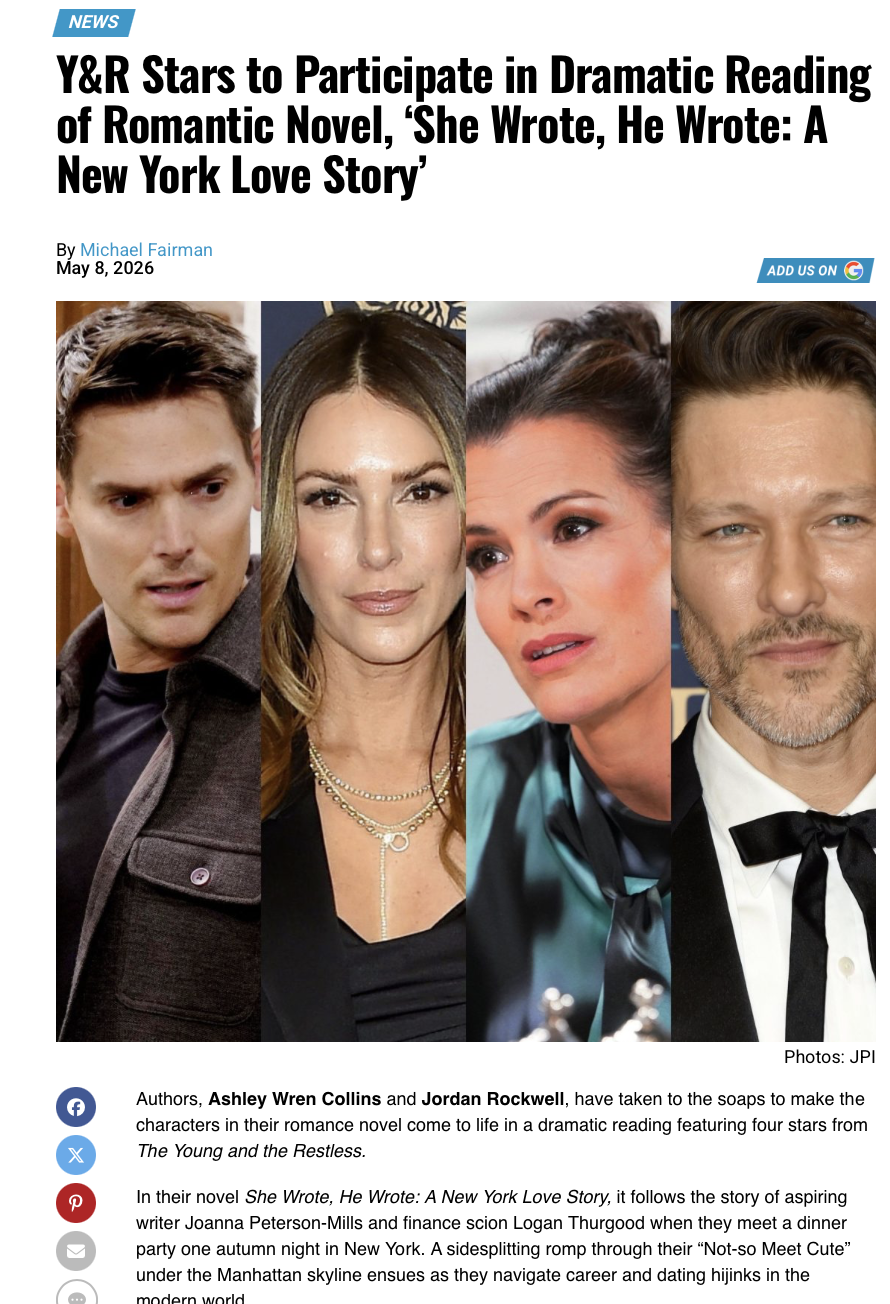 “The Young and the Restless” Stars to Participate in Dramatic Reading of Romantic Novel, ‘She Wrote, He Wrote: A New York Love Story