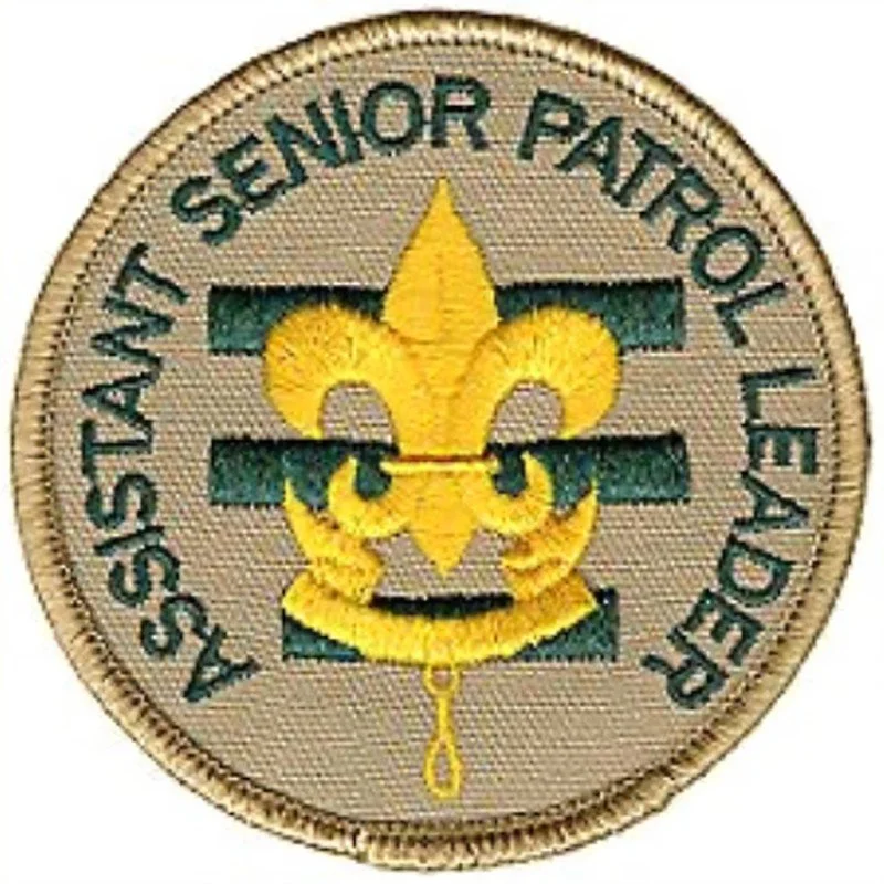 A circular embroidered patch with the words "ASSISTANT SENIOR PATRON LEADER" around the edge. In the center, there is a yellow fleur-de-lis symbol over dark green horizontal stripes.