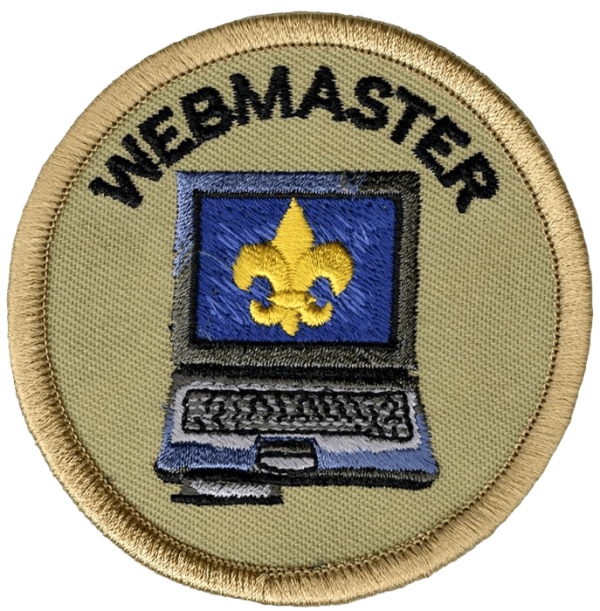 A circular embroidered patch with the word 'WEBMASTER' at the top, a laptop with a fleur-de-lis symbol on the screen in the center, and a beige background with a stitched border.