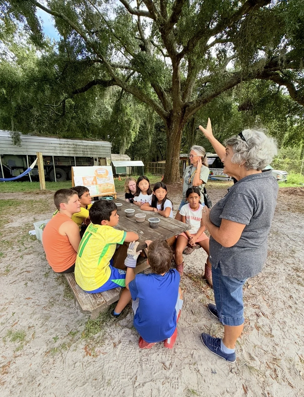 An outdoor educational scene with a woman giving a talk to a group of young children seated at a wooden picnic table under a large tree.
