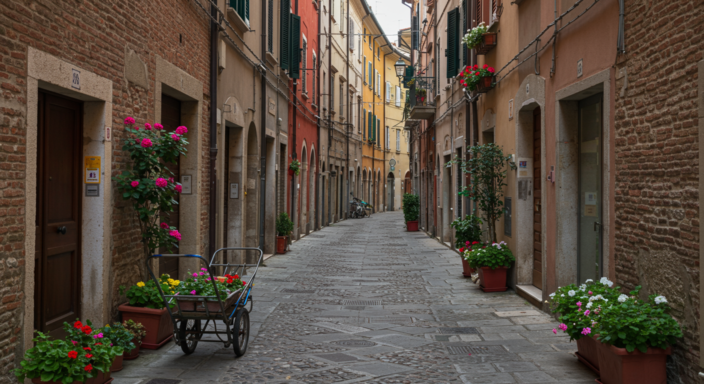 An empty cobblestone street lined with colorful buildings, flower pots, and hanging flower baskets, with a small wagon filled with potted flowers on the sidewalk.