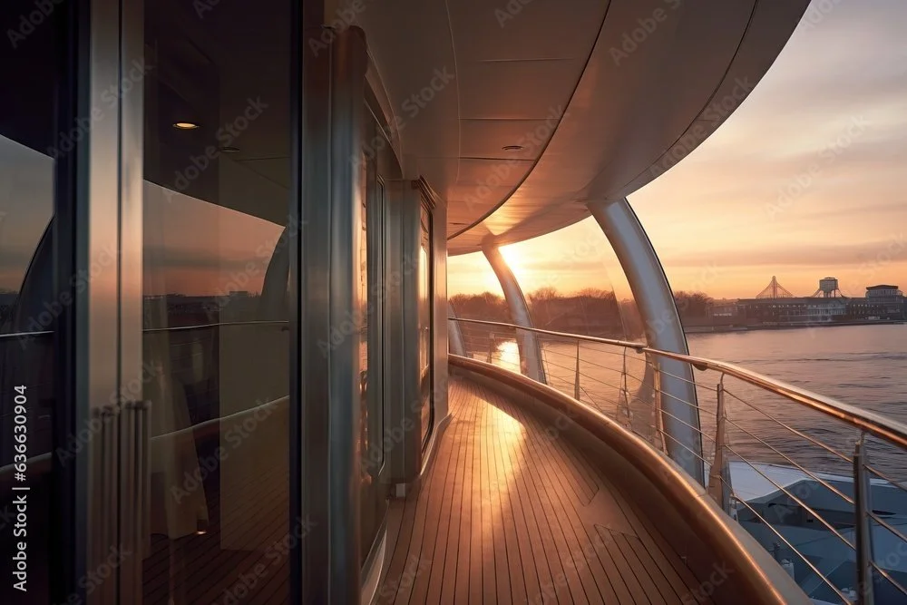 View from a cruise ship balcony at sunset, showing modern architectural design with glass doors and curved metal beams over the river.