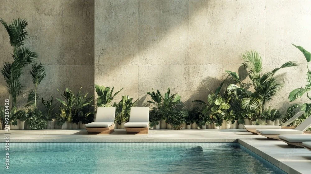 Luxury poolside area with lounge chairs and lush green tropical plants against a beige wall.