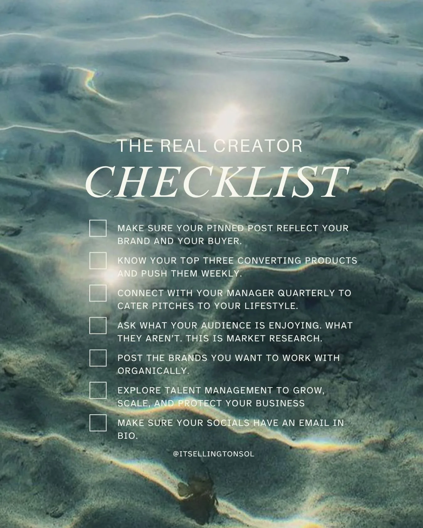 The real checklist nobody tells you. 📋
This is what actual strategy looks like when you want to grow a business, not just go viral.

Save this, share it, and if you&rsquo;re ready to go deeper, send us an email. 🌞

&mdash;&mdash;

#SolSociety
#Crea