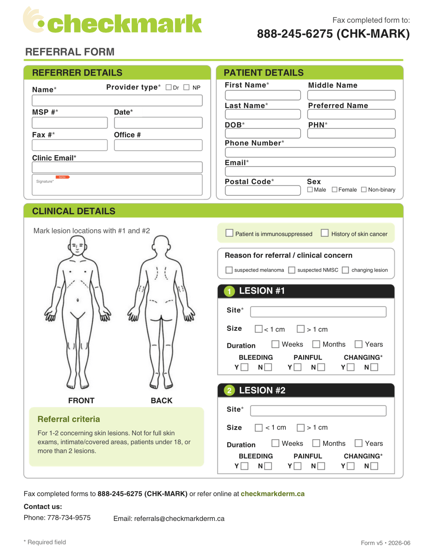 A medical referral form from Checkmark with sections for patient and provider details, clinical information, diagrams of a human body for marking lesion locations, and fields for lesion specifics including site, size, duration, and symptoms such as bleeding, painful, or changing lesions.