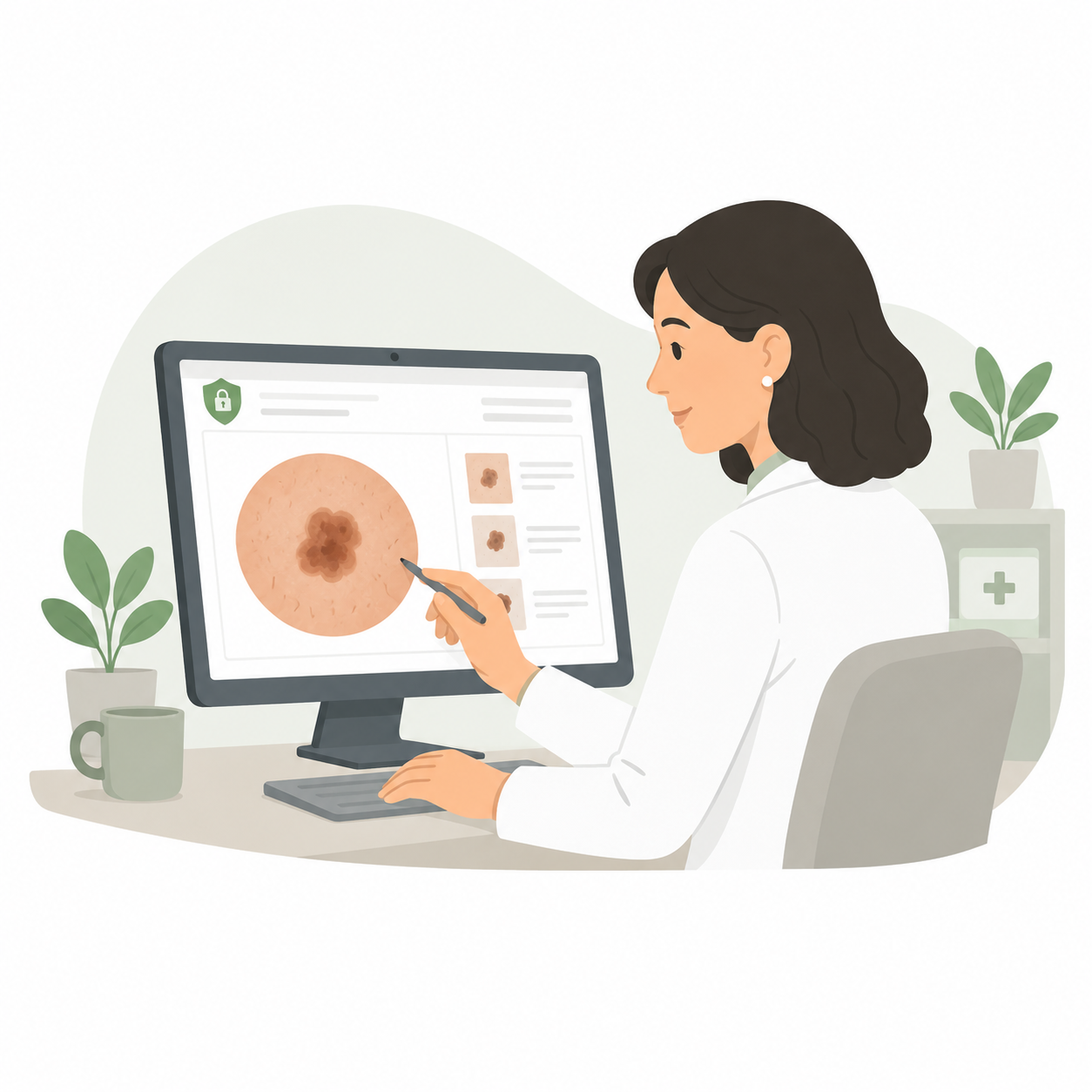 A female doctor in a white coat analyzing a skin mole on a computer screen in a clinical setting with plants and medical supplies in the background.