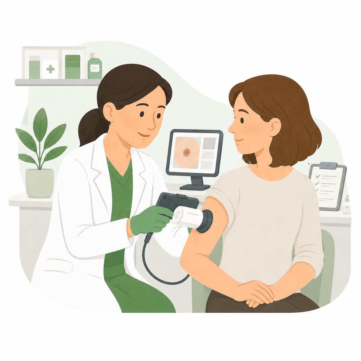 Doctor examining a woman's arm with a medical device in a clinic setting