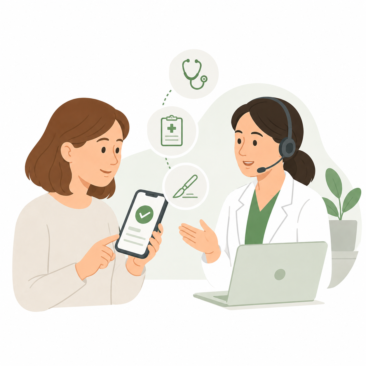A woman consulting a doctor via telehealth, showing her phone with a checkmark. The doctor wears a headset, has a laptop, and icons of her stethoscope, medical chart, and writing tool appear above.