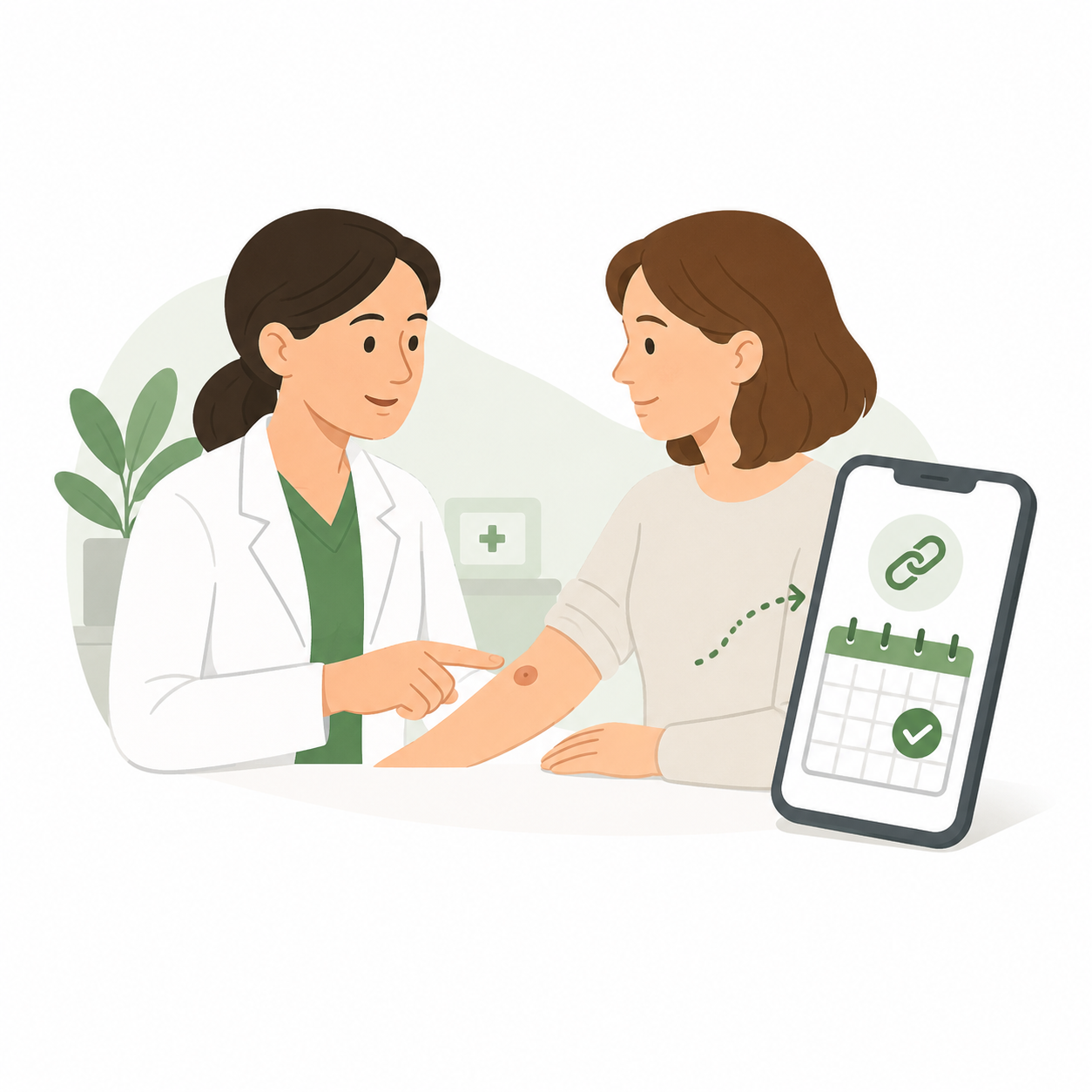 A doctor and a woman are discussing a skin mole on the woman's arm, with a smartphone displaying a calendar and a link icon.