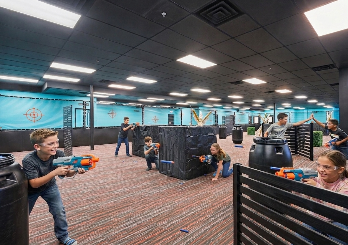 Boy and girl kids are playing nerf gun war in an indoor arena, actively playing in an indoor playground, running around playing a fun game