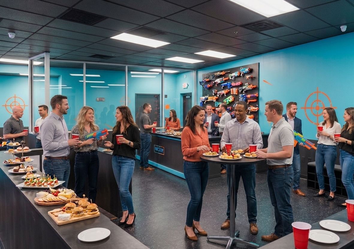 Group of people socializing at a corporate office party, team building, with snacks and beverages, decorated with nerf guns on the wall.