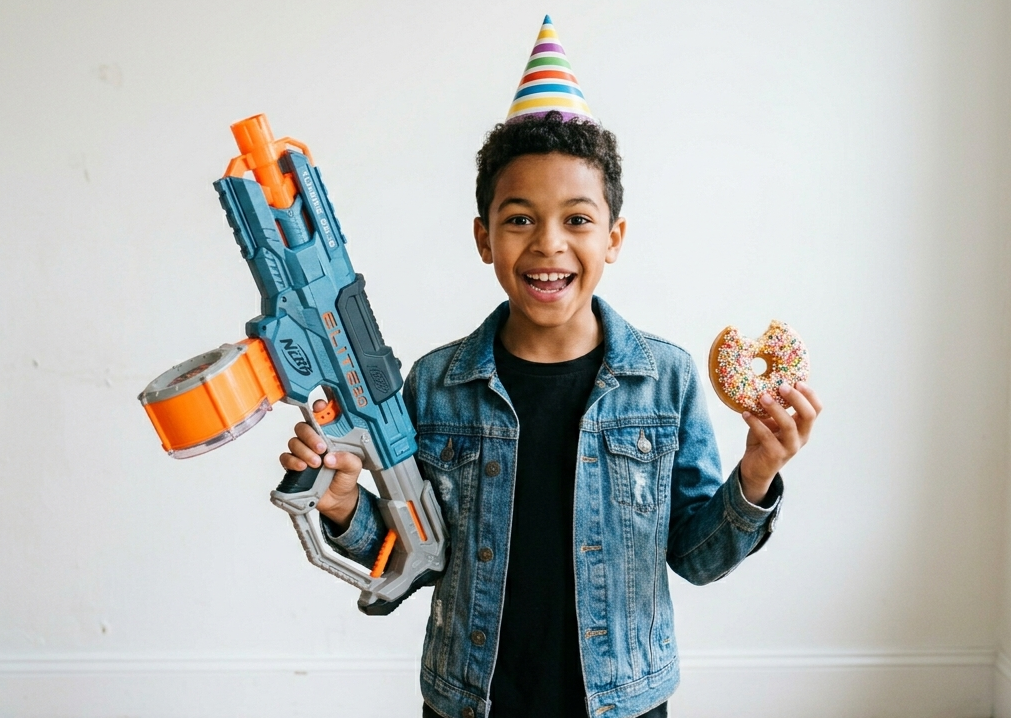 A young boy wearing a denim jacket and party hat, holding a nerf gun in one hand and a sprinkled donut in the other, smiling at a birthday celebration.