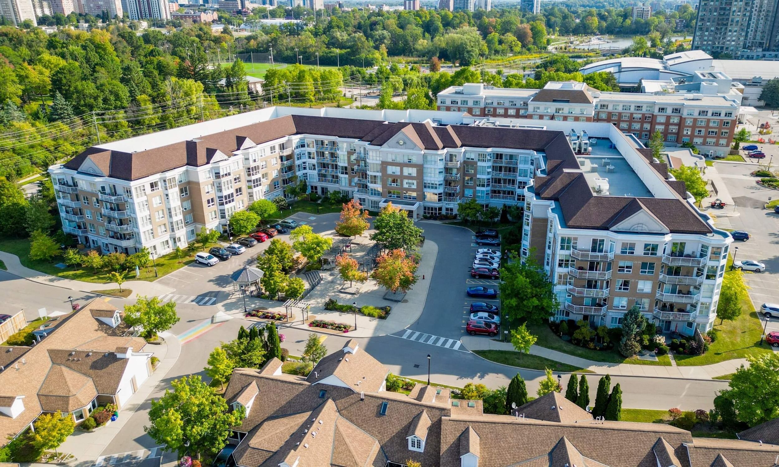 Aerial view of Luther Village on the Park’s Life Lease Atrium Suites (Condominiums) and Garden Villa (Townhomes) in Waterloo Region, Ontario