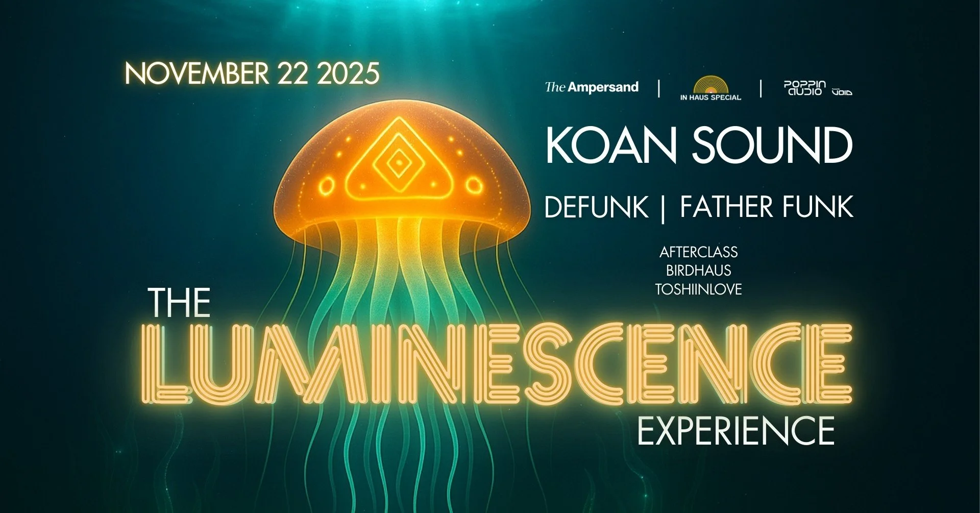 Event poster for Luminescence - animated jellyfish underwater