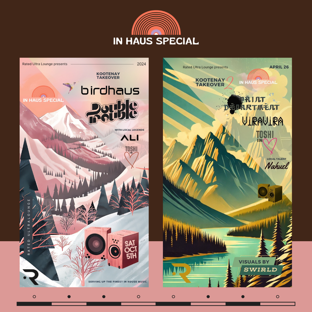 Kootenay Takeover event poster: Toshiinlove plays on April 26, 2025. Mountains in the background of two speakers.