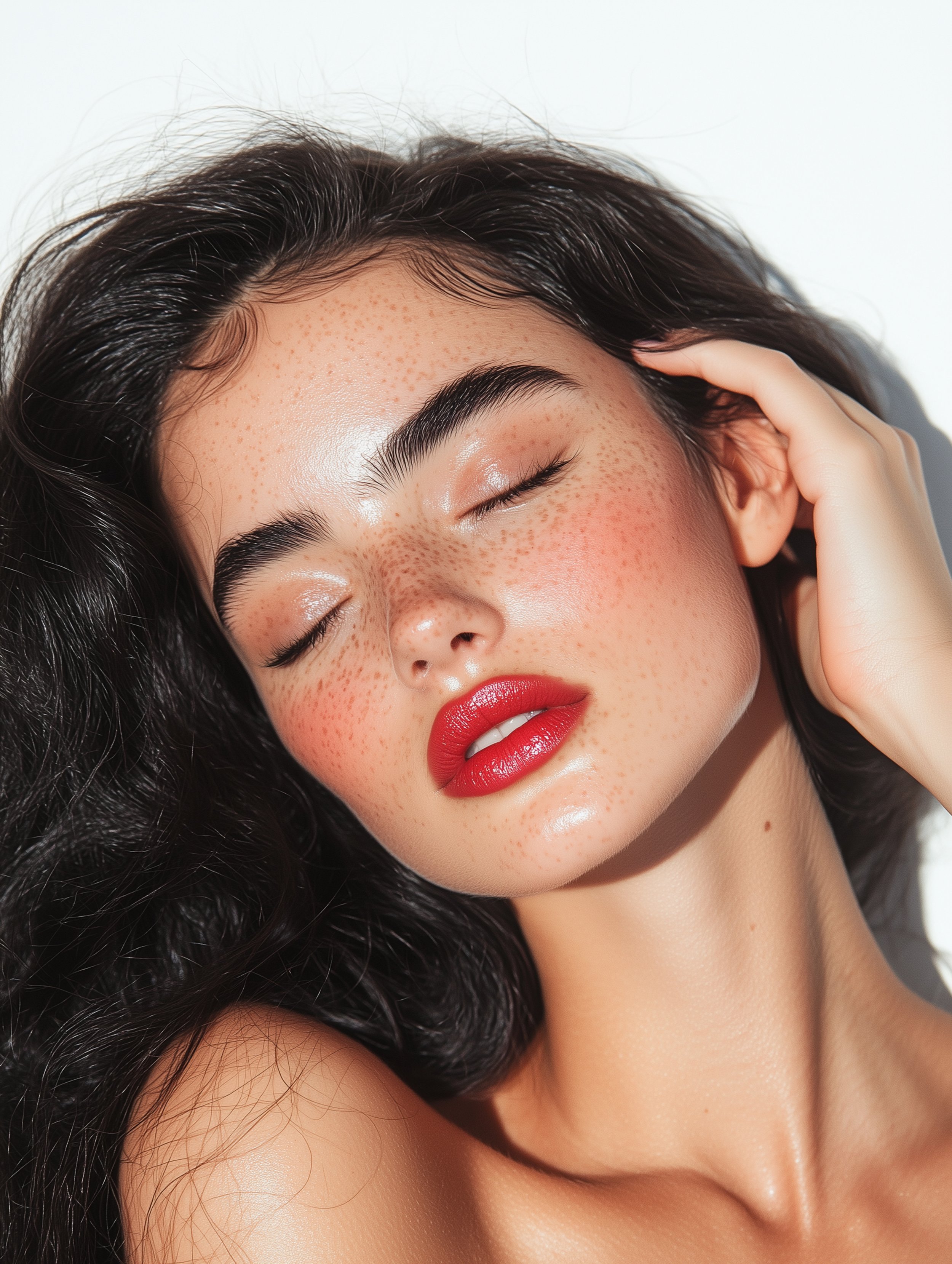 Close-up of a woman with closed eyes, red lipstick, freckles, and dark wavy hair resting on her head.