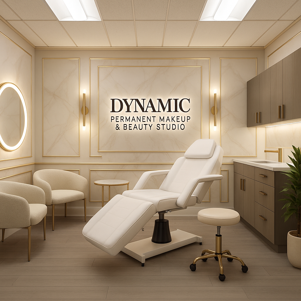 A treatment room at a beauty studio with a white reclining chair, a stool, and beige armchairs. The wall has the sign 'DYNAMIC PERMANENT MAKEUP & BEAUTY STUDIO' with elegant gold accents, illuminated mirrors, and cabinetry in the background.