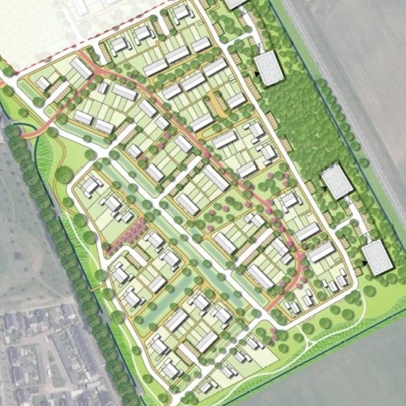 Een overzicht van een nieuwe verkaveling van een woonwijk in een plattegrond, met verschillende huizen, groene gebieden, parken, wegen en paden. Iconic Real Estate zoekt nieuwe verkavelingen in Vlaanderen. 