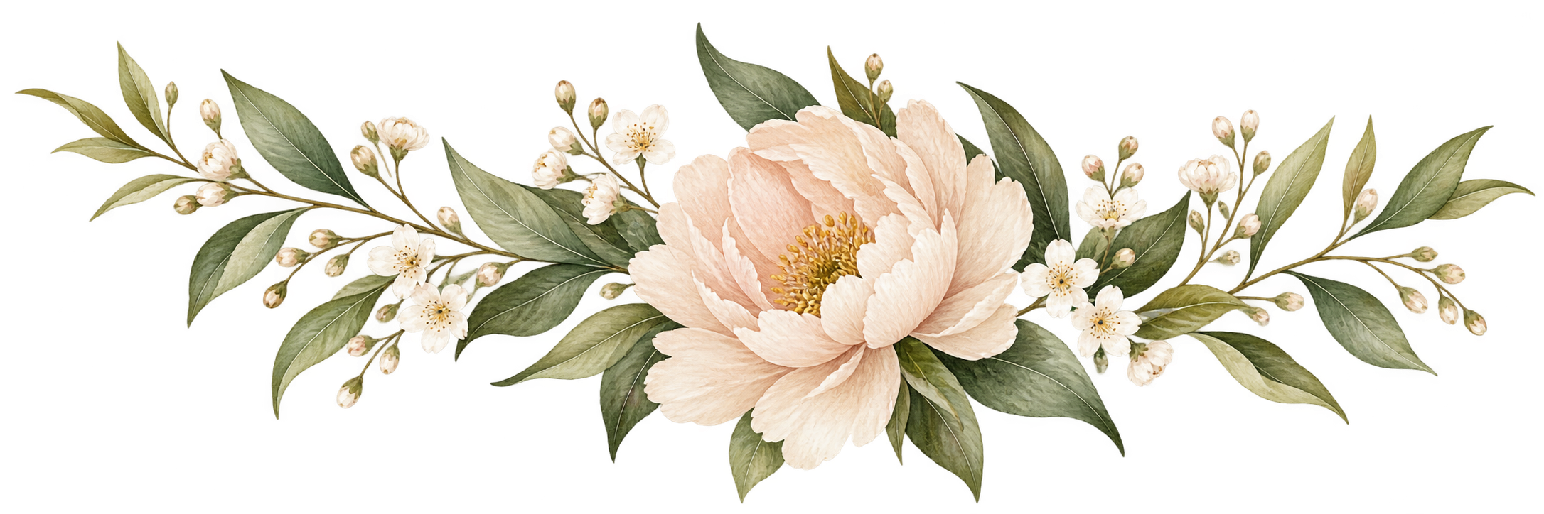 Watercolor illustration of a soft blush peony surrounded by sage green leaves and delicate white blossoms.