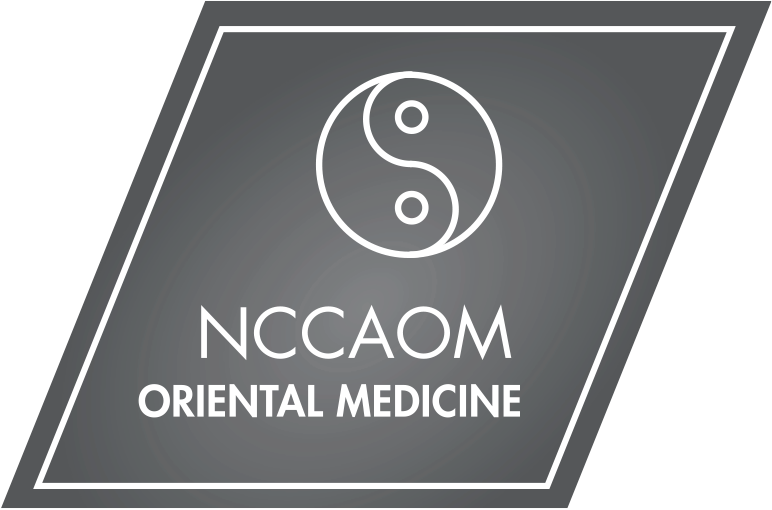 Logo for NCCAM Oriental Medicine featuring a yin-yang symbol at the top, with the text "NCCAM ORIENTAL MEDICINE" below. The background is gray with a white outline.