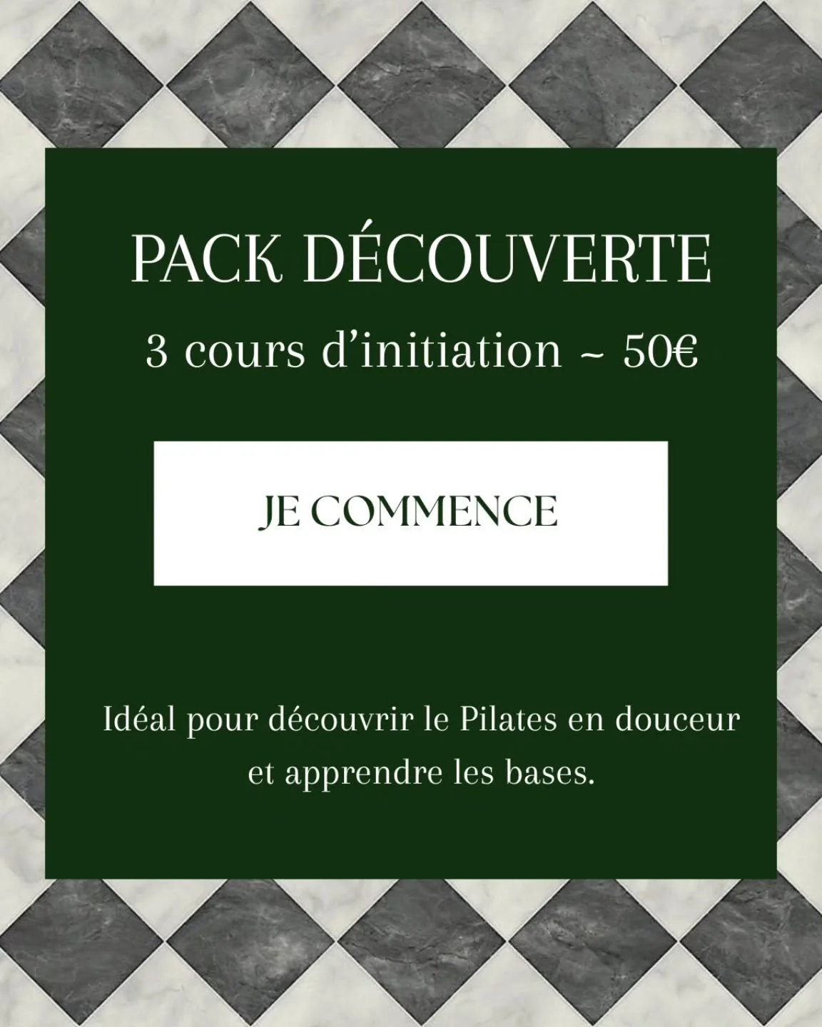 P I L A T E S

Tu as envie d&rsquo;essayer le Pilates, mais tu veux prendre le temps, sentir si c&rsquo;est fait pour toi,
sans pression, sans engagement. 

Le pack d&eacute;couverte est une invitation.

Trois cours pour explorer le Pilates en douceu