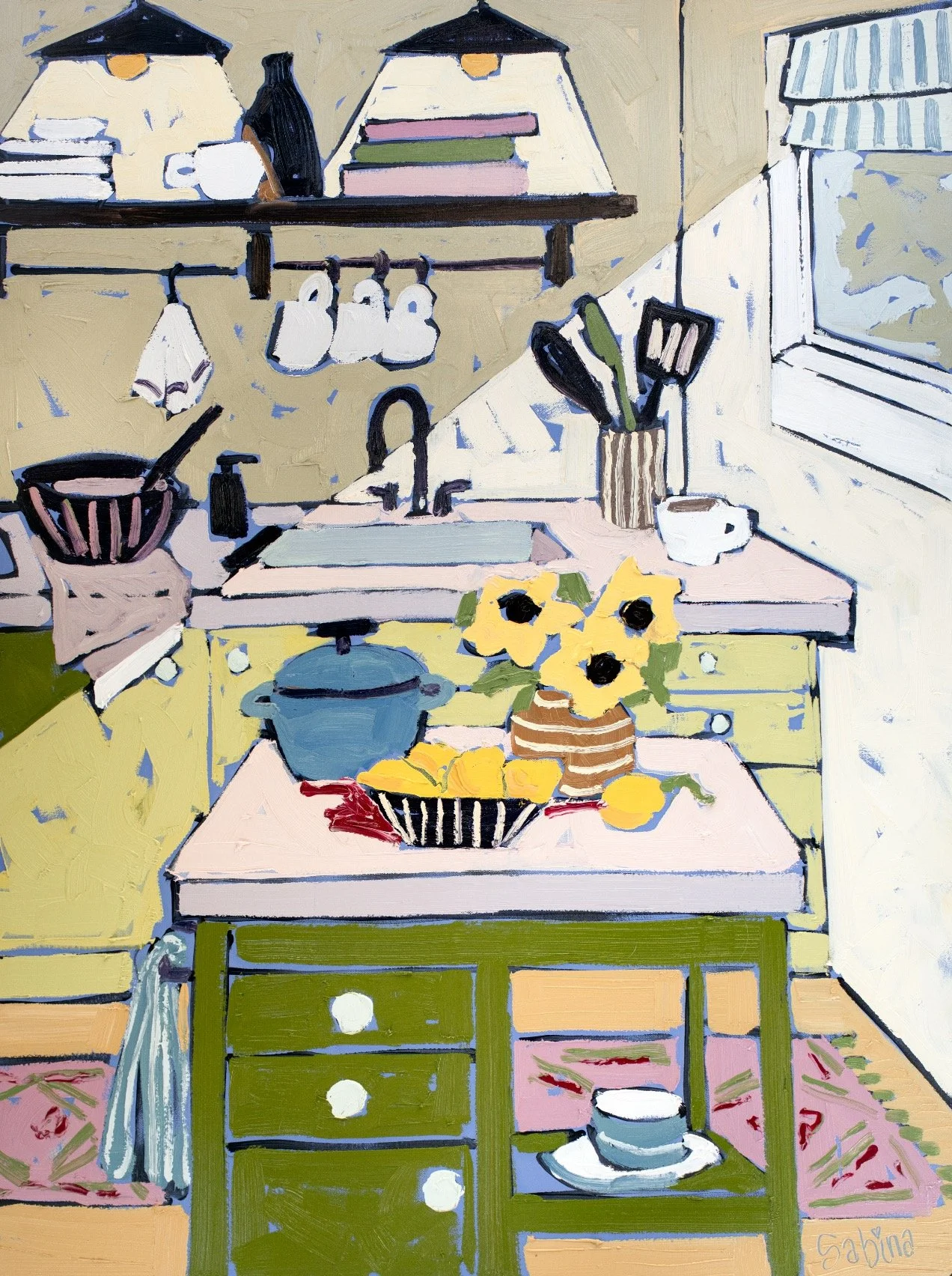 Light in the Kitchen, 30x40" framed in oak, Oil and Cold wax on canvas