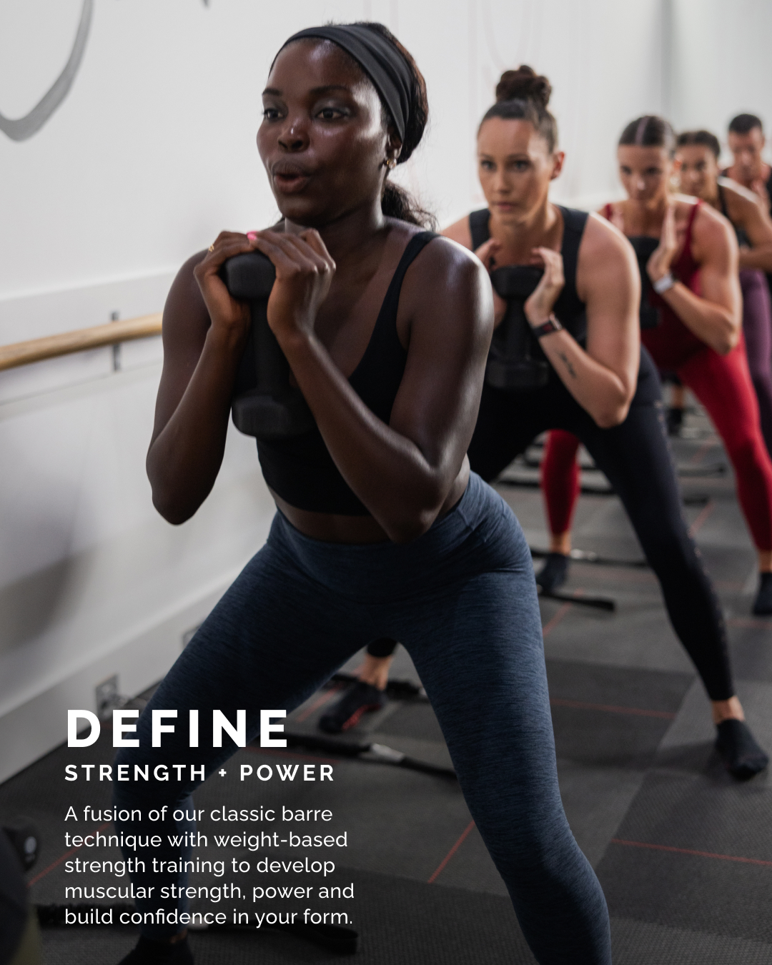 Group of women in workout clothes using dumbbells for strength training during a fitness class.