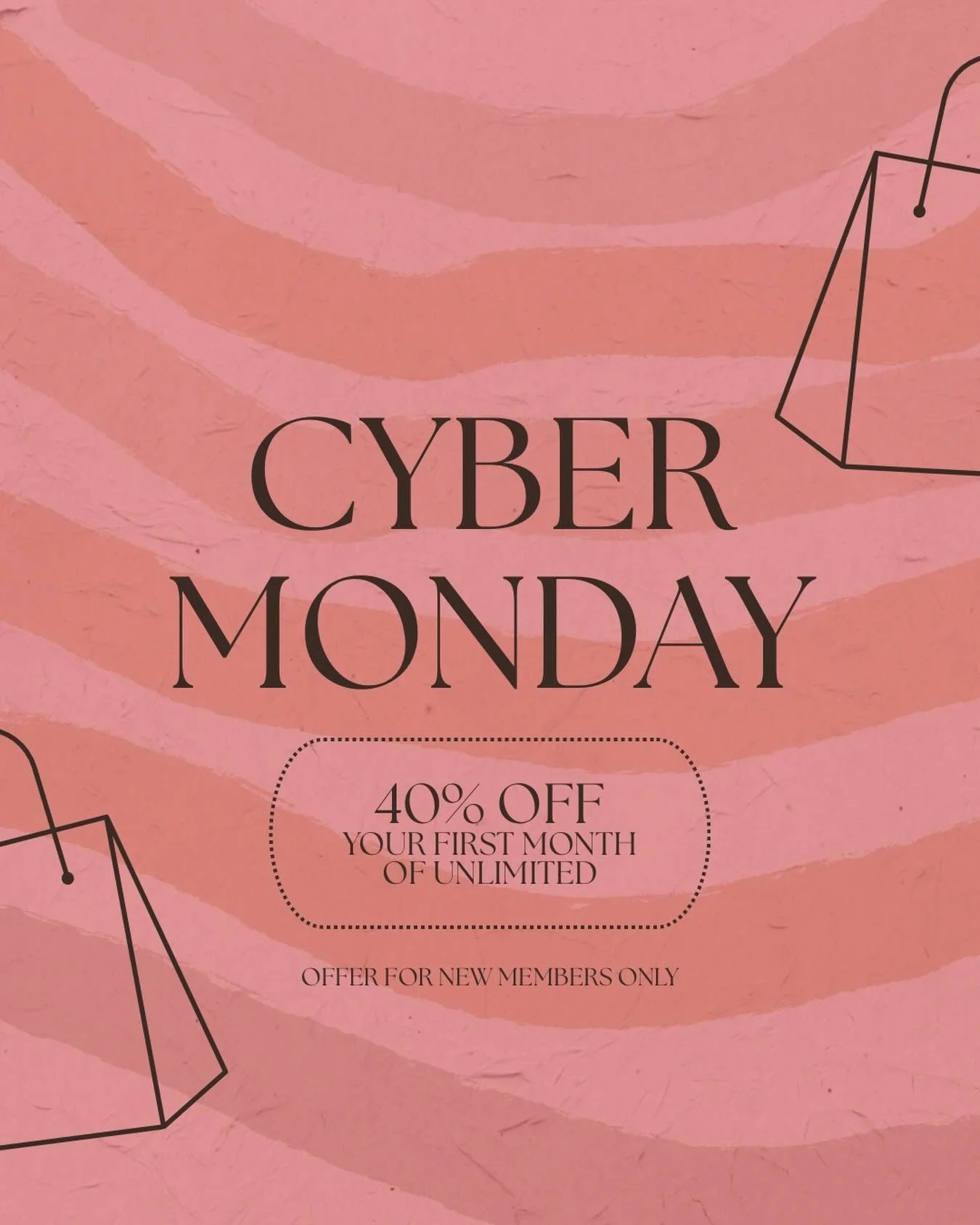 CYBER MONDAY 🎉
Your sign to finally start barre: 40% off your first month of Unlimited!
Stronger days are one click away. New members only &mdash; grab it while it lasts!
Comment &ldquo;MONDAY&rdquo; to sign up today!