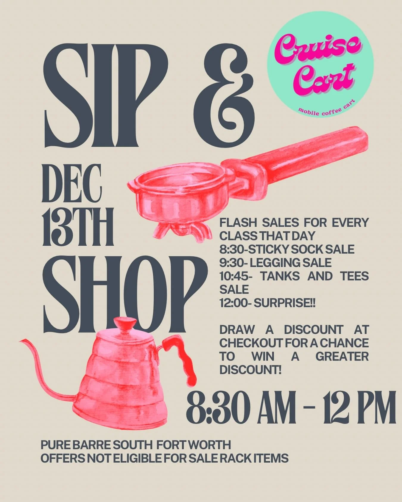 Join us this Saturday, Dec 13th, for our Sip &amp; Shop event! ☕✨
Flash sales for every class, exclusive discounts, surprise deals, and a chance to draw for even bigger savings at checkout.
Grab a coffee, grab a friend, and grab those goodies from 8: