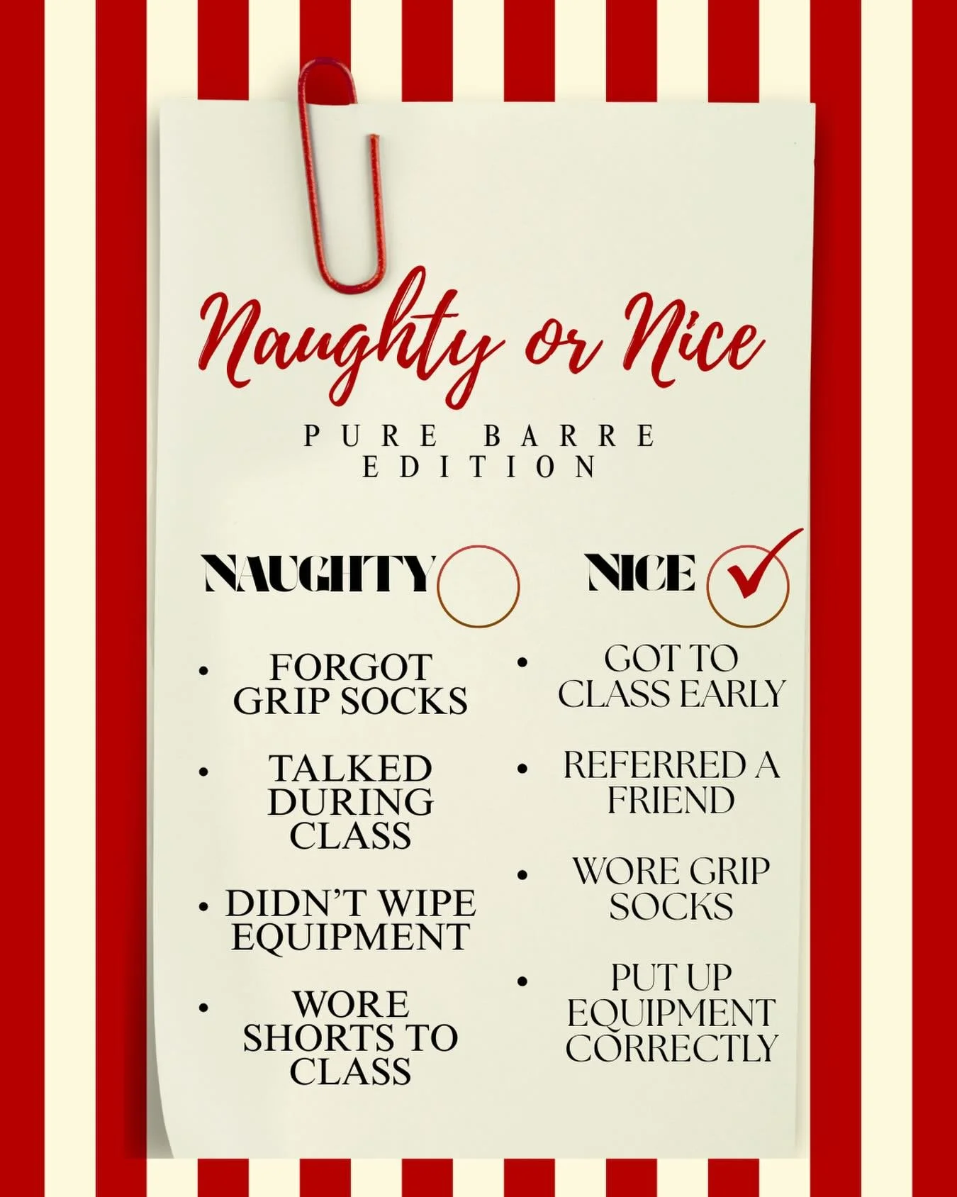 Naughty or nice&hellip; there&rsquo;s still time to make the nice list 😉✨
Show up early, wear your grip socks, clean your equipment &mdash; and Santa might leave something barre-tastic under the tree 🎄🩰
Which list are you on today? 👀🎅