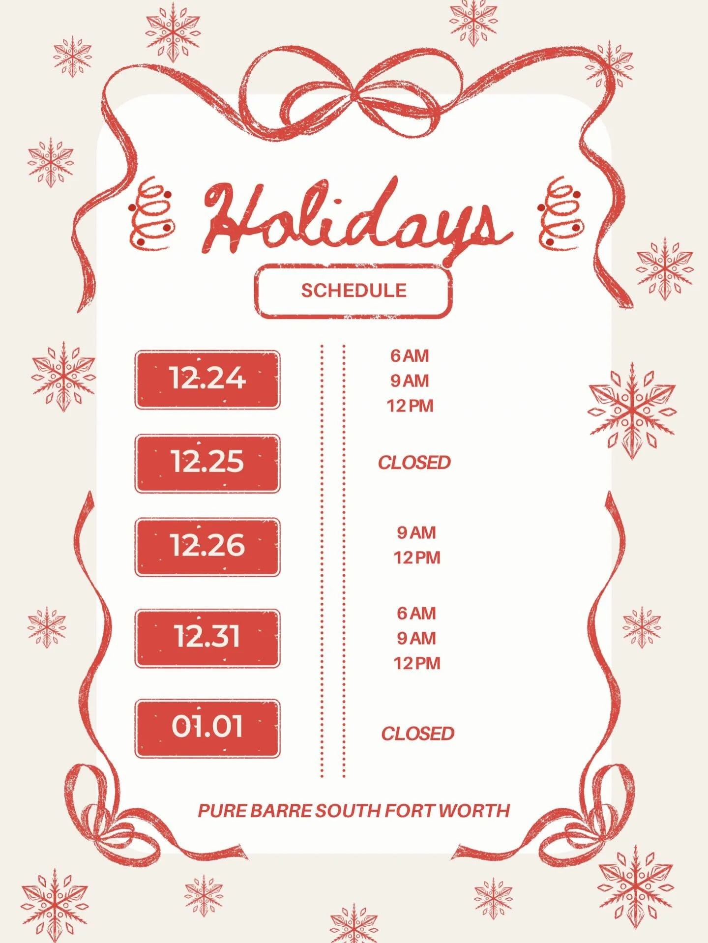 Tis the season for BARRE!

Remember to check the app before booking this holiday season. We will be having a different schedule due to the holiday! We can&rsquo;t wait to celebrate with you ❤️🎅🏻