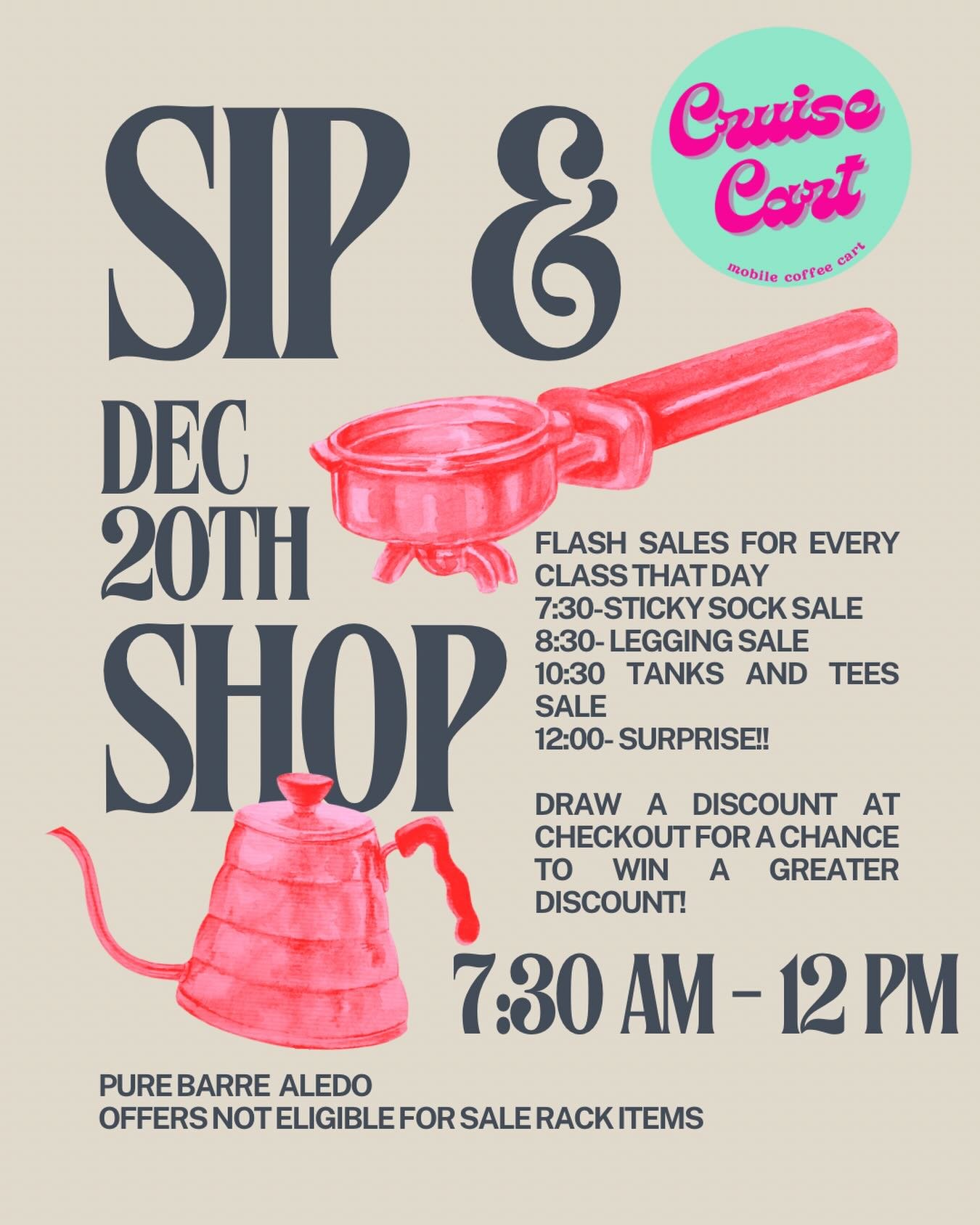 Join us this Saturday, Dec 20th, for our Sip &amp; Shop event! ☕✨
Flash sales for every class, exclusive discounts, surprise deals, and a chance to draw for even bigger savings at checkout.
Grab a coffee, grab a friend, and grab those goodies from 7: