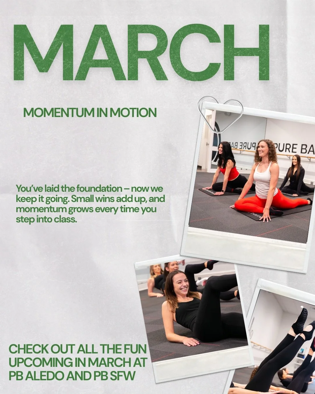 We&rsquo;ve been warming up.✨
Now we build momentum.🔥

March at PB Aledo + PB SFW:

🔥 Barre Stronger Challenge &mdash; 20 classes in 31 days
✨ Full-length Reform launches tomorrow
👯&zwj;♀️ Mamas &amp; Littles begins
🍻 Pure Barre Pop-Up at Parker 