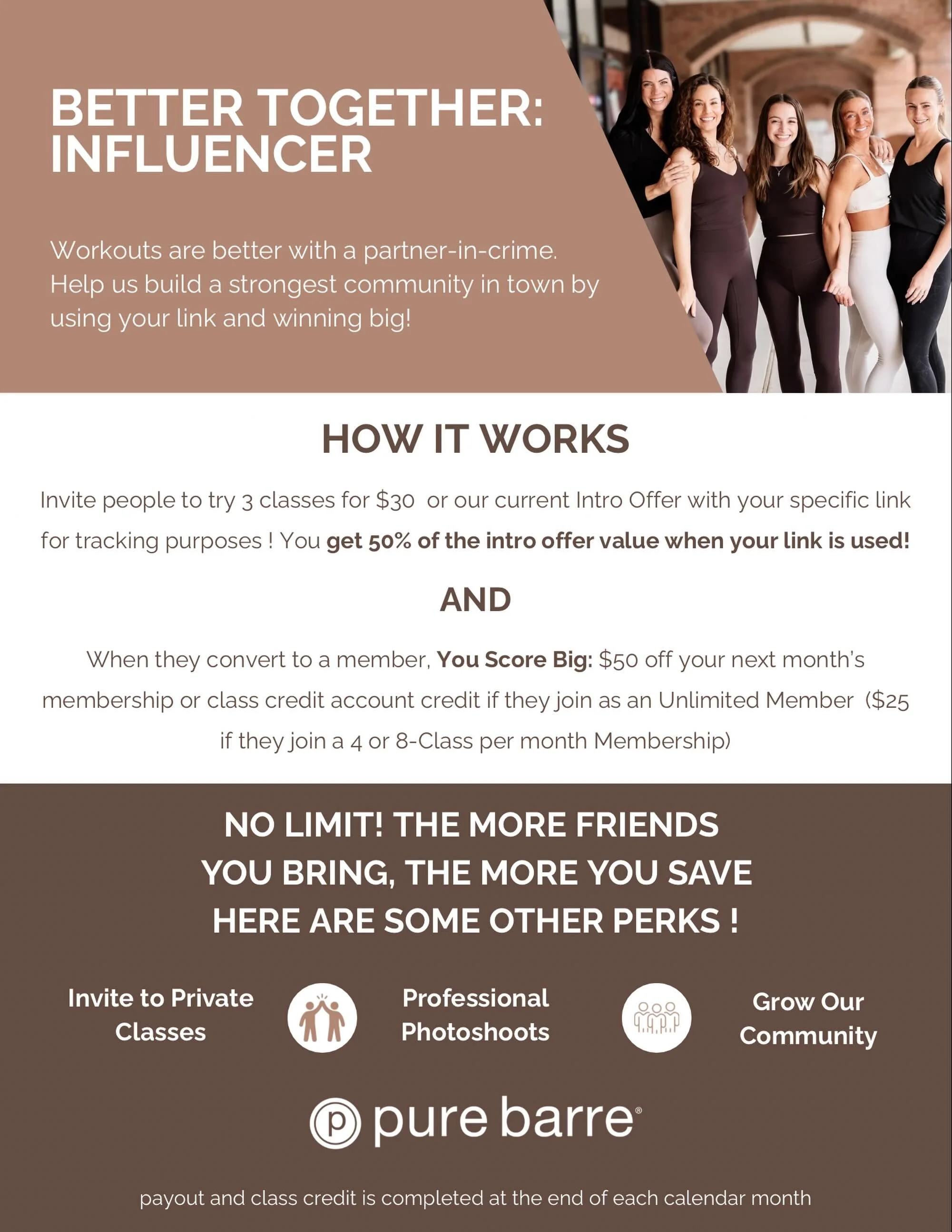 ✨ Become a Pure Barre Ambassador ✨

Love Pure Barre? Get rewarded for sharing it!

🔗 Share your personal referral link &amp; earn some reward! 
The more friends you bring, the more you earn!

DM us to learn more and join our Ambassador Team or apply