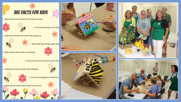 A “Bee Facts for Kids” poster, children painting wooden bee hotels, finished colorful bee hotels on tables, Master Gardener volunteers posing with pollinator displays, and families working together.